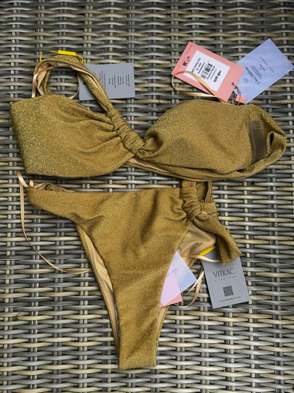 NWT Cult Gaia Charmaine One Shoulder Bikini XS Top Bottom Set Gold - Picture 10 of 14